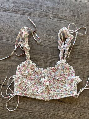 For Love & Lemons Floral Eyelet Bustier Top in White with Pink & Green